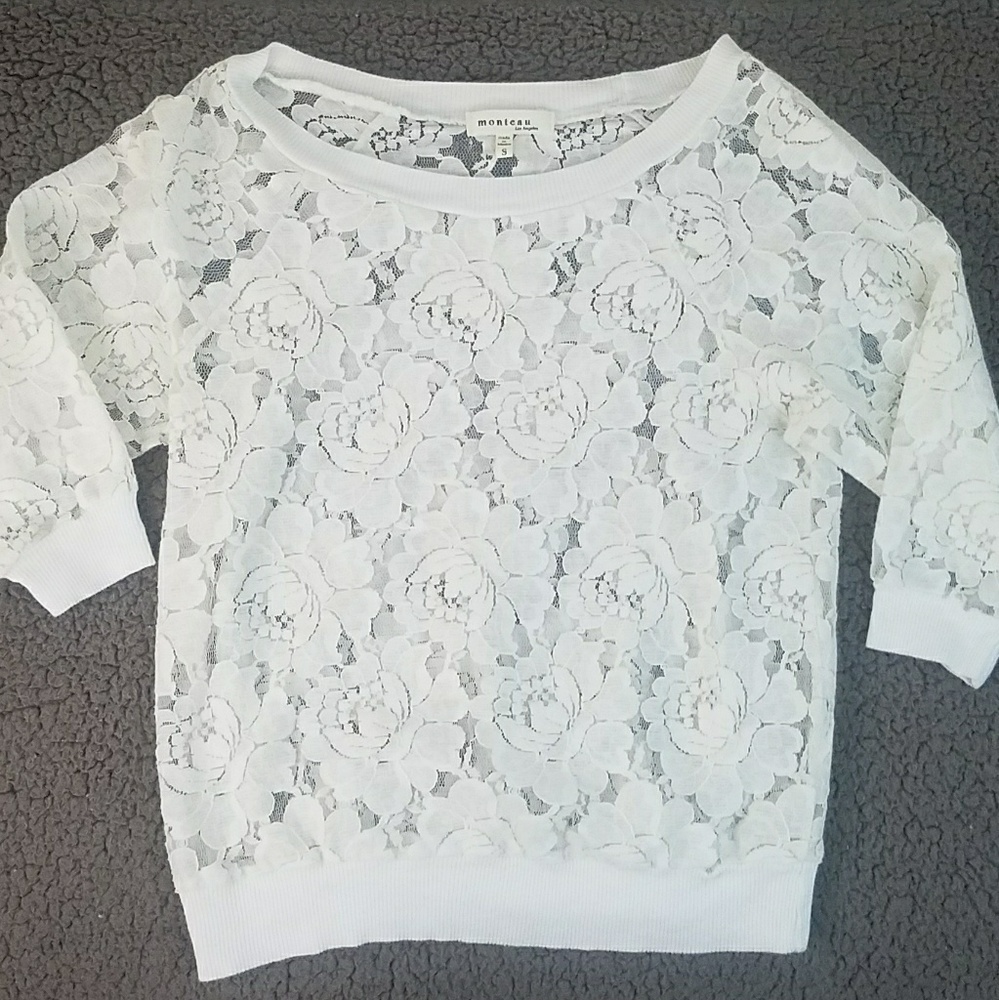 Monteau Lace 3/4 Sleeve Sheer Cream Top